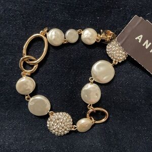 Anne Klein Gold Tone Pearl And Stone Bracelet